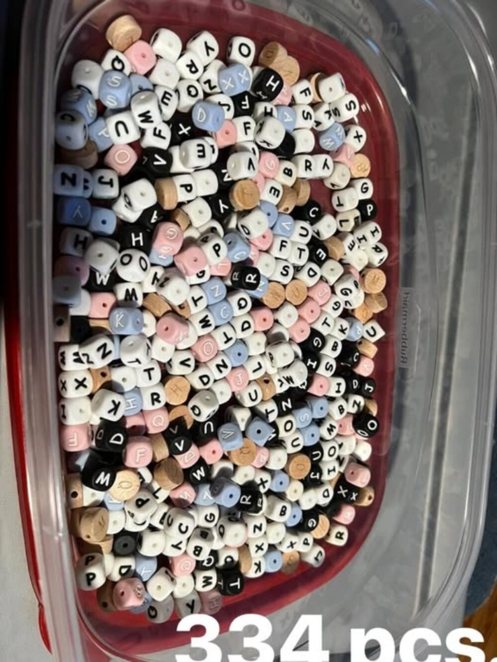 334 pcs of Silicone Block/Round Letter beads (some wooden)